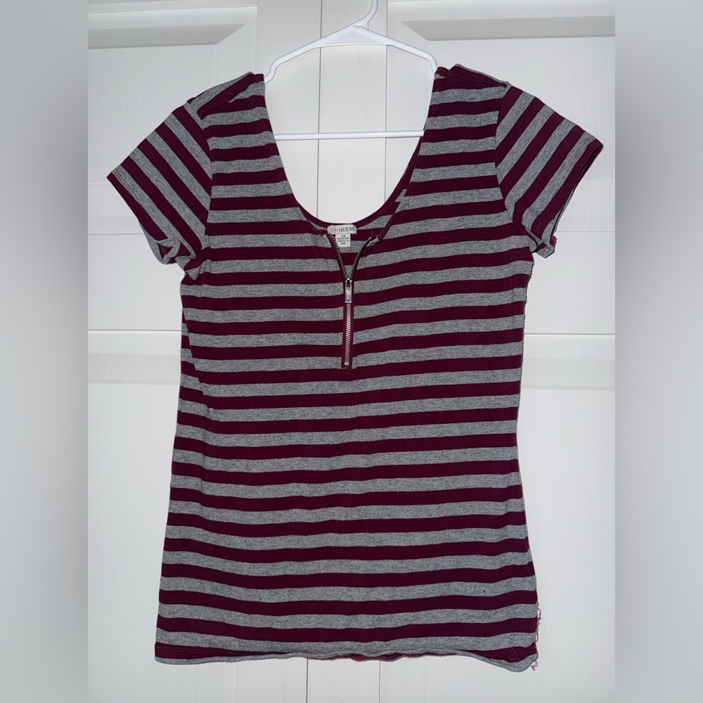 GUESS grey and maroon striped shirt